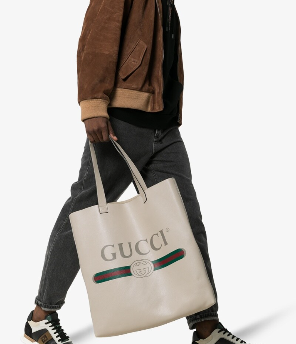Gucci Logo Print Leather Tote Bag in White