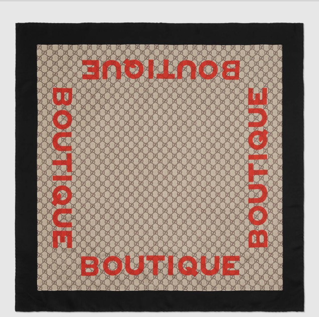 Gucci GG Boutique Print Scarf In Beige and Dark Brown