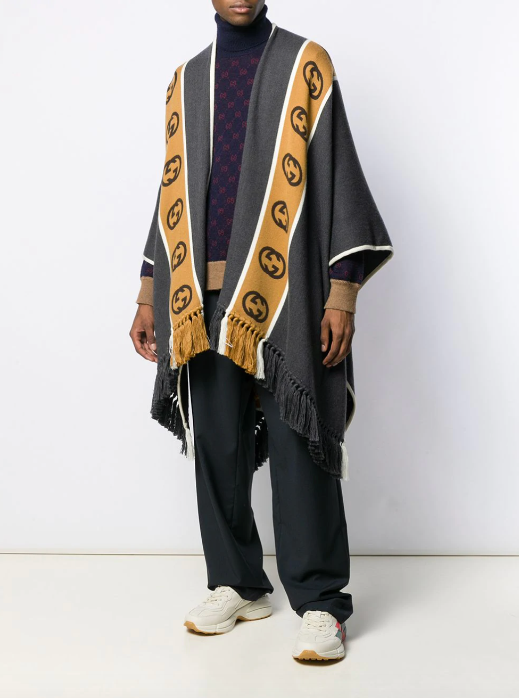 Gucci Wool Poncho with Interlocking G Stripe in Gray