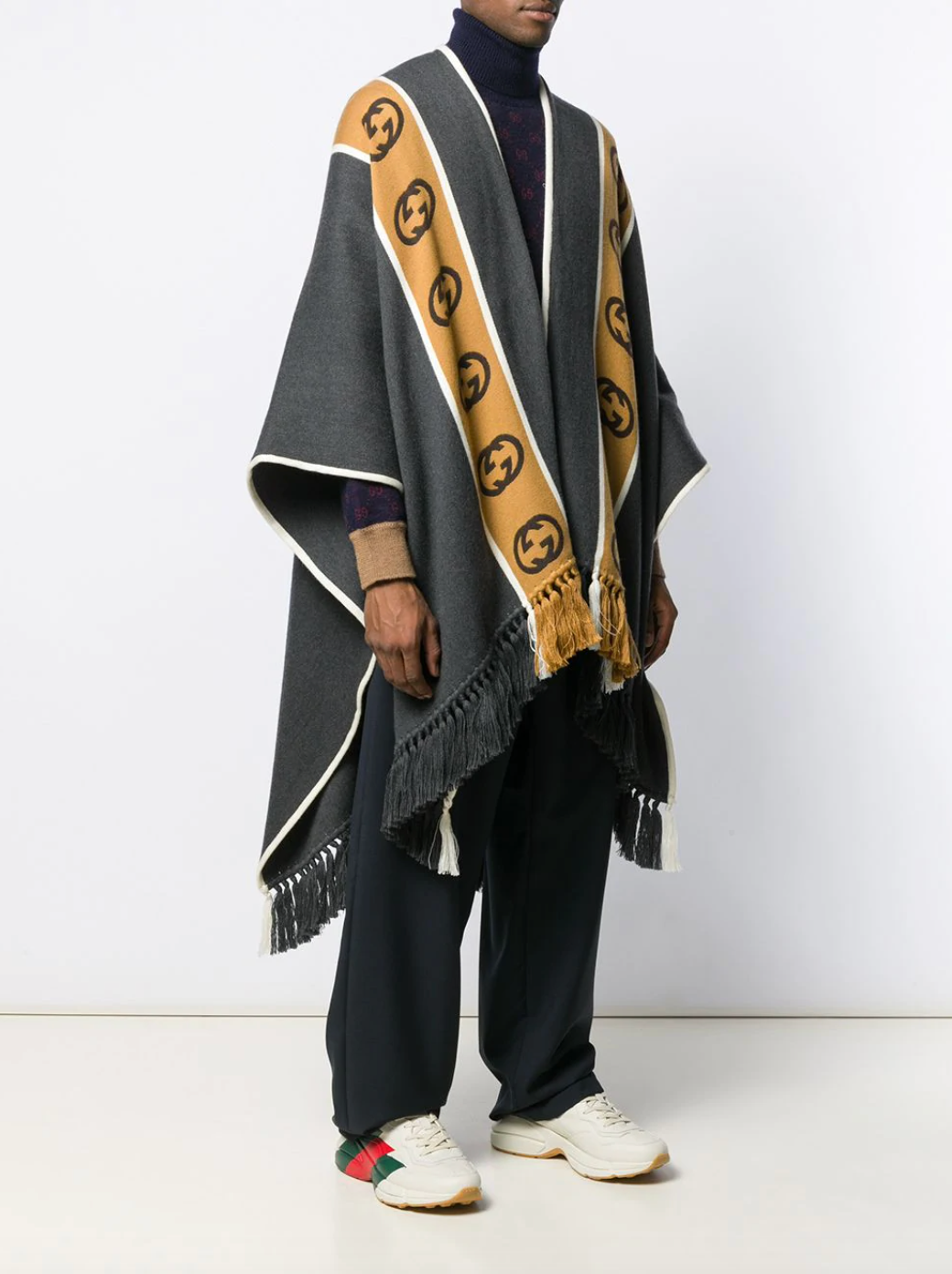 Gucci Wool Poncho with Interlocking G Stripe in Gray