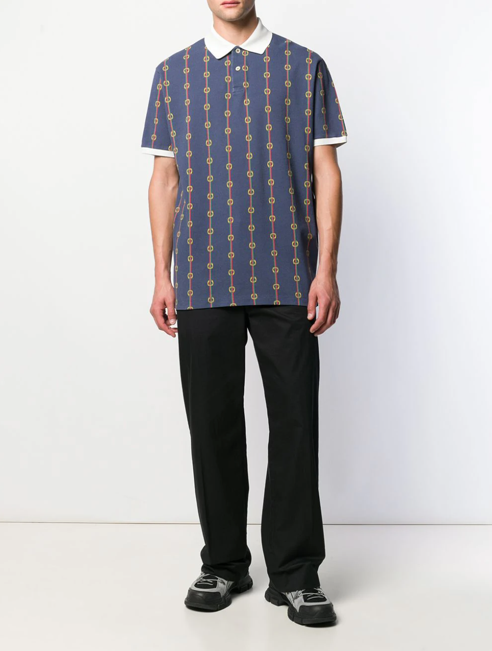 Gucci Horse-bit Chain Print Polo Shirt in Blue