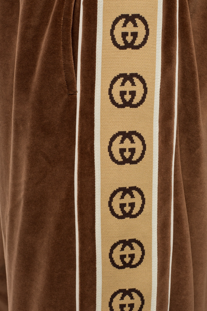 Gucci Interlocking GG Stripe Velour Jogger Pants in Brown