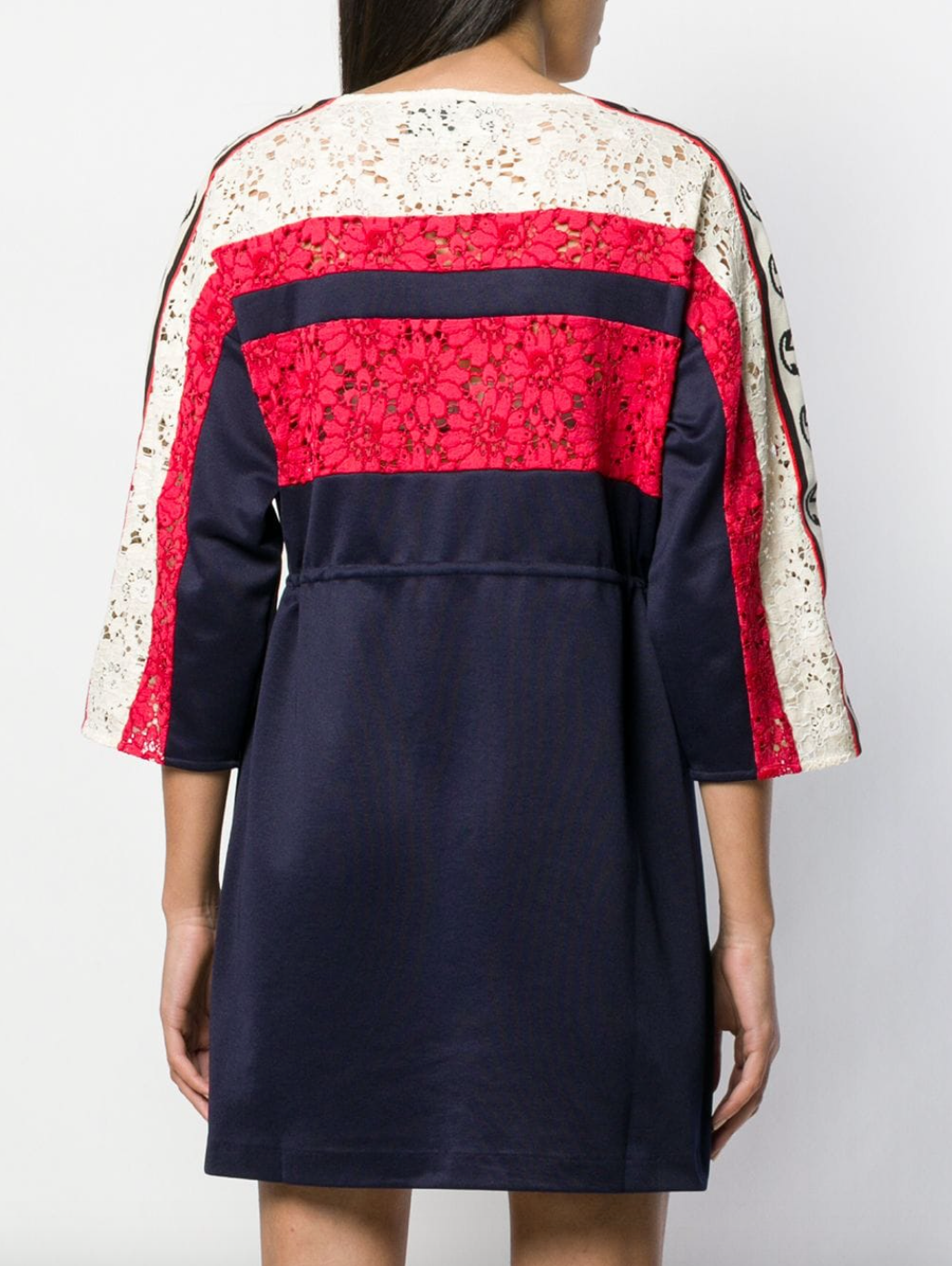 Gucci GG Floral Lace Logo Stripe Dress in Blue