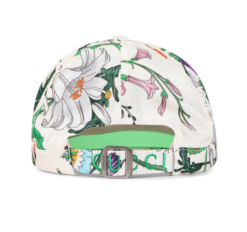 Gucci Flora Print Silk Hat with Reflective Visor in Green