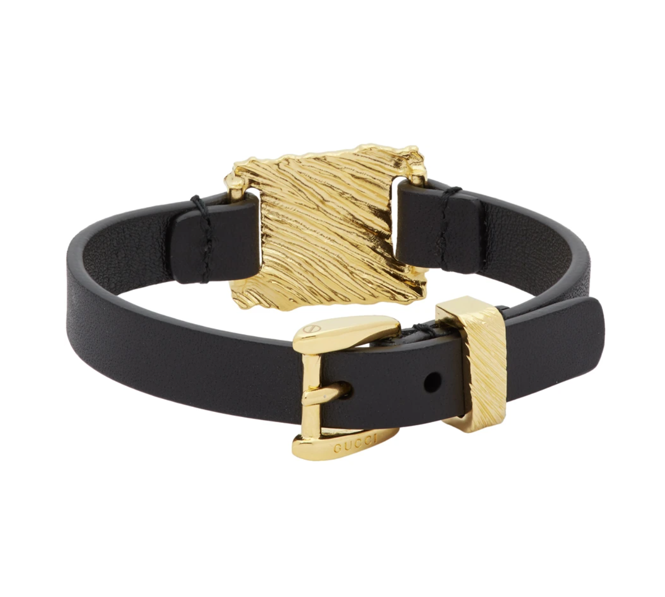 Gucci GG Textured Metal & Leather Bracelet in Black and Gold