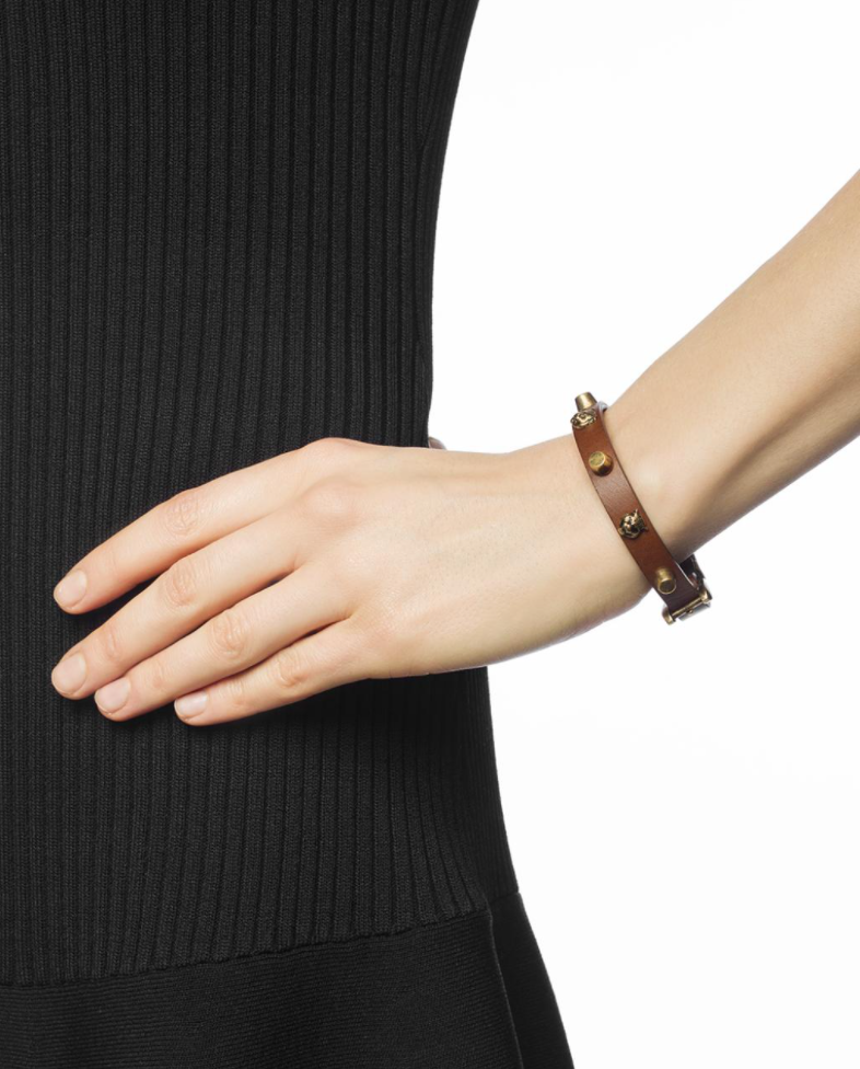 Gucci Studded Feline Head Leather Bracelet in Brown
