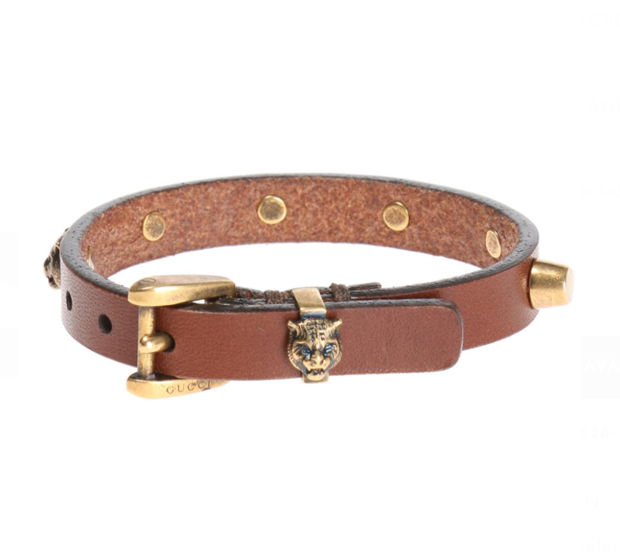 Gucci Studded Feline Head Leather Bracelet in Brown