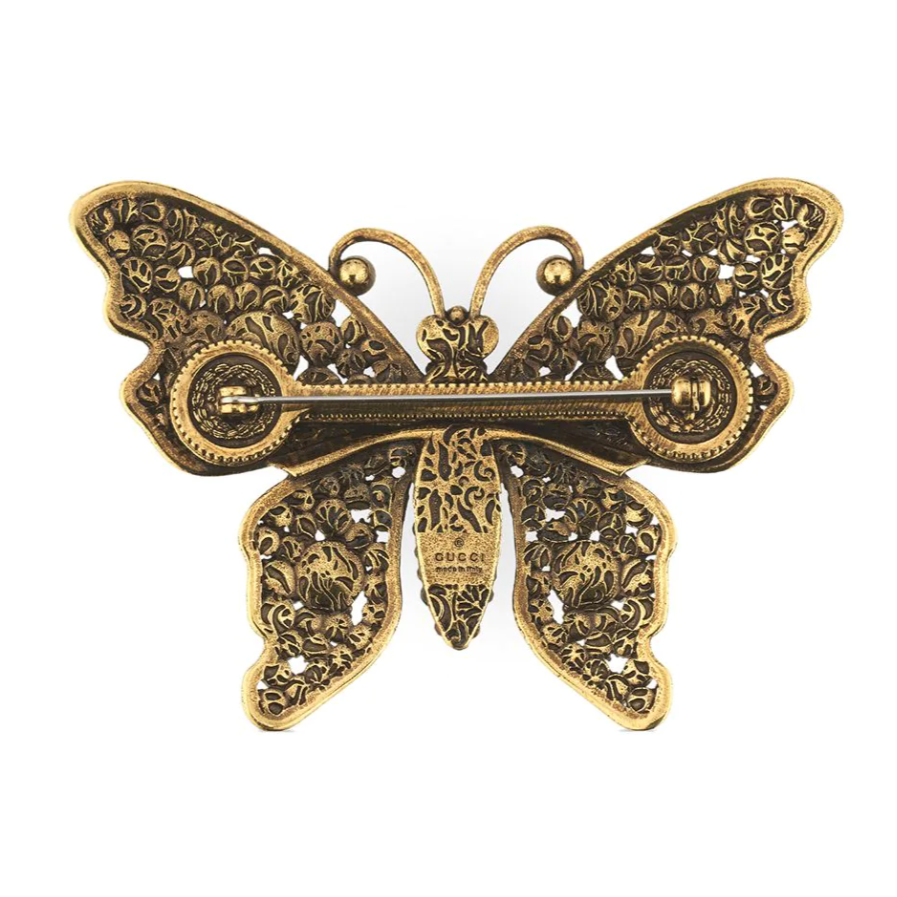 Gucci Multicolor Crystal Studded Butterfly Brooch in Gold