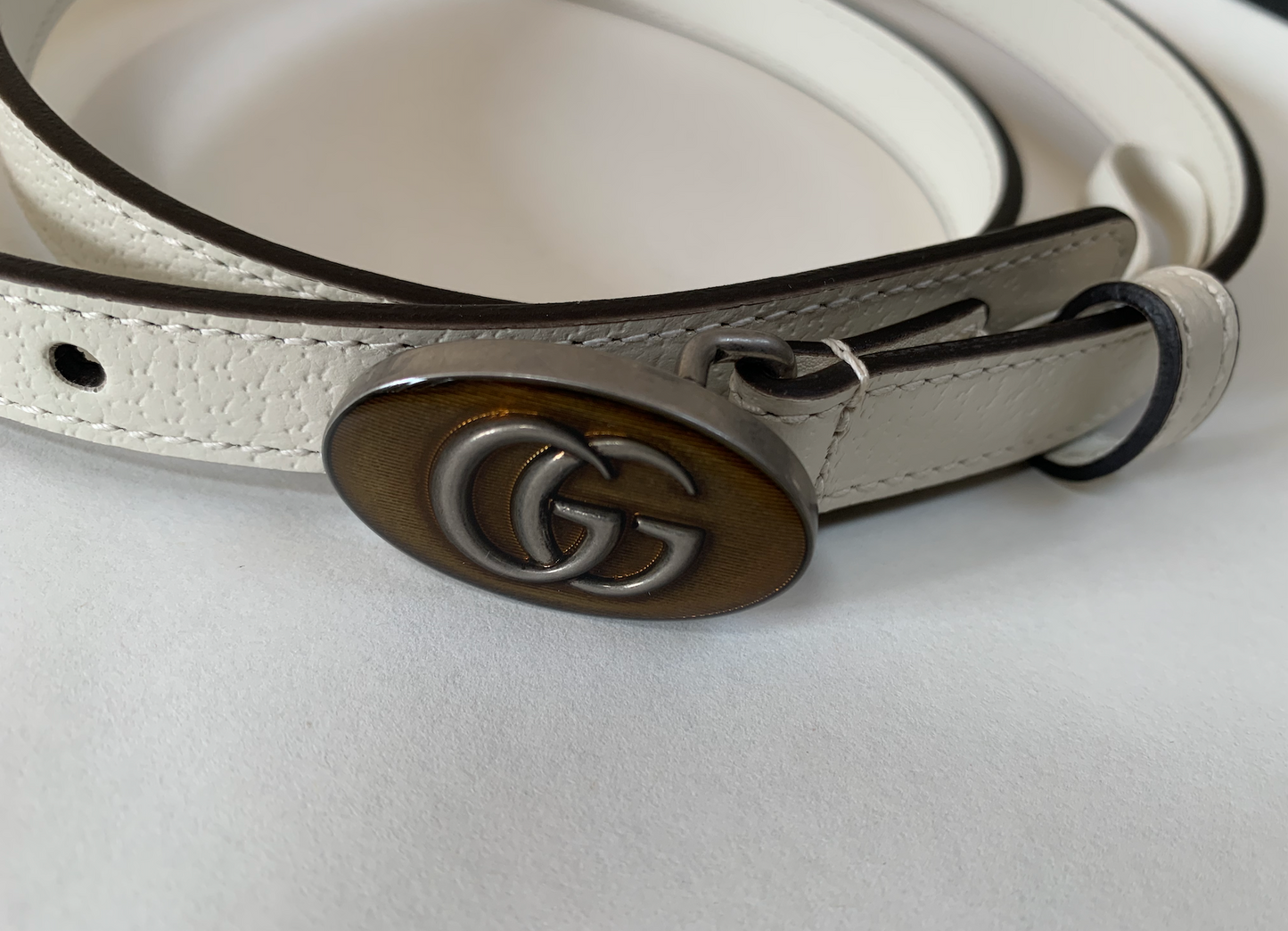Gucci Leather Belt with Oval Enameled Buckle in White