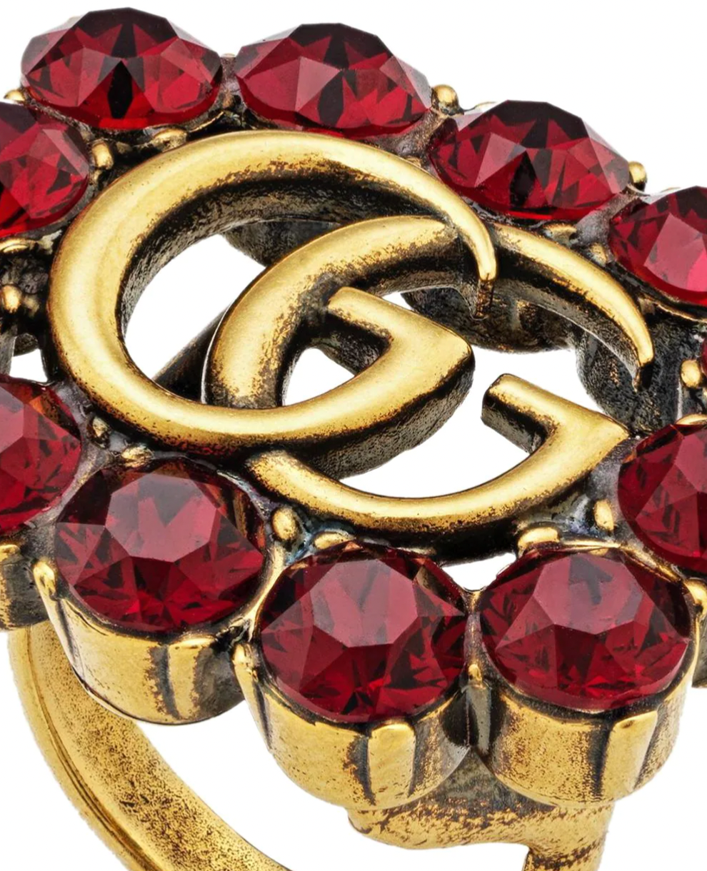 Gucci Marmont Double G Pink Crystal Ring in Gold