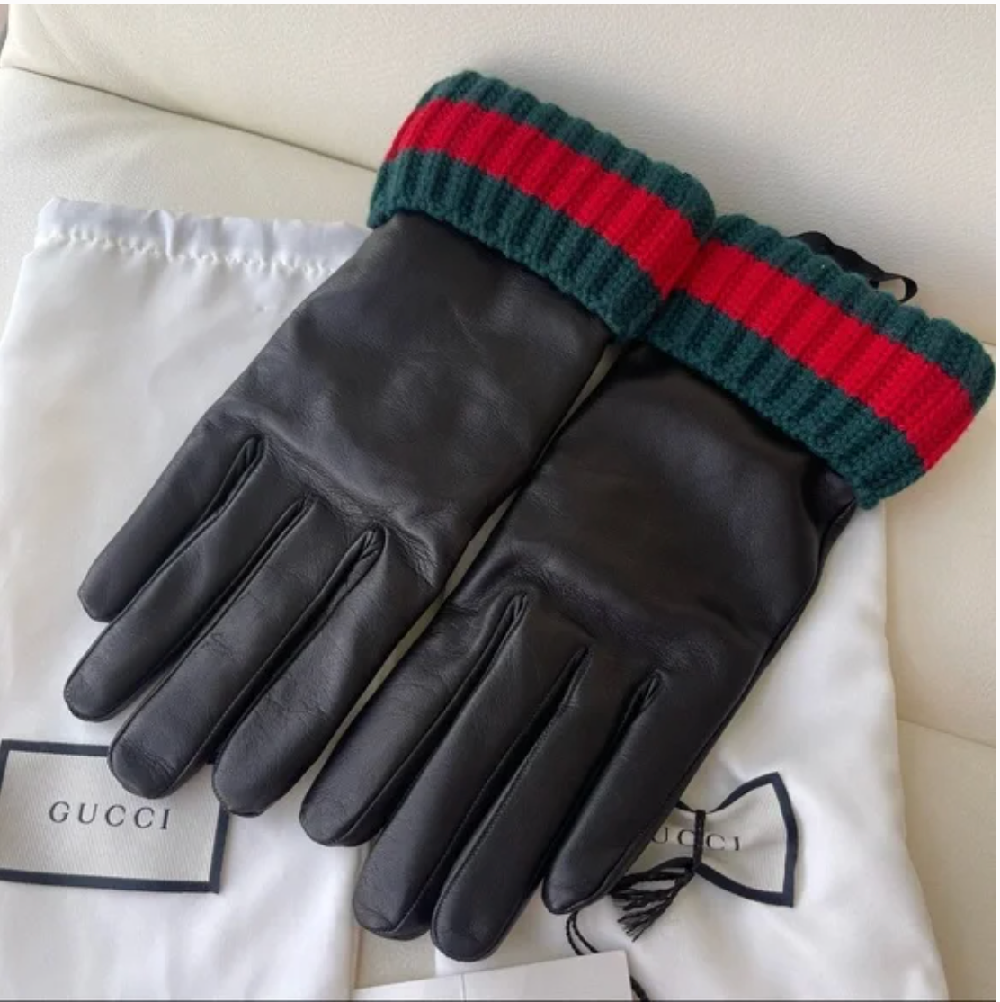 Gucci Lambskin Cashmere Lined Gloves with Knit Web Cuff