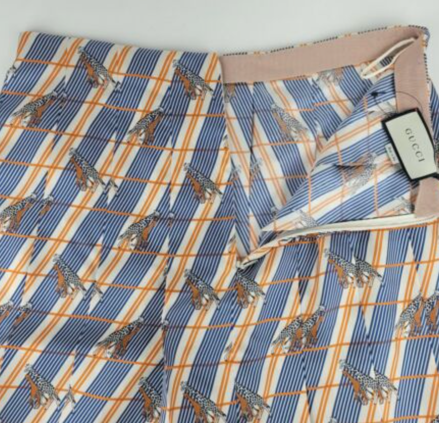 Gucci Silk Pleated Skirt with Giraffe and Pinstripes