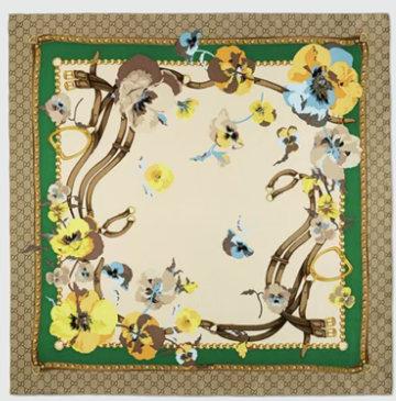 Gucci GG Silk Scarf with Yellow Flowers and Green Border