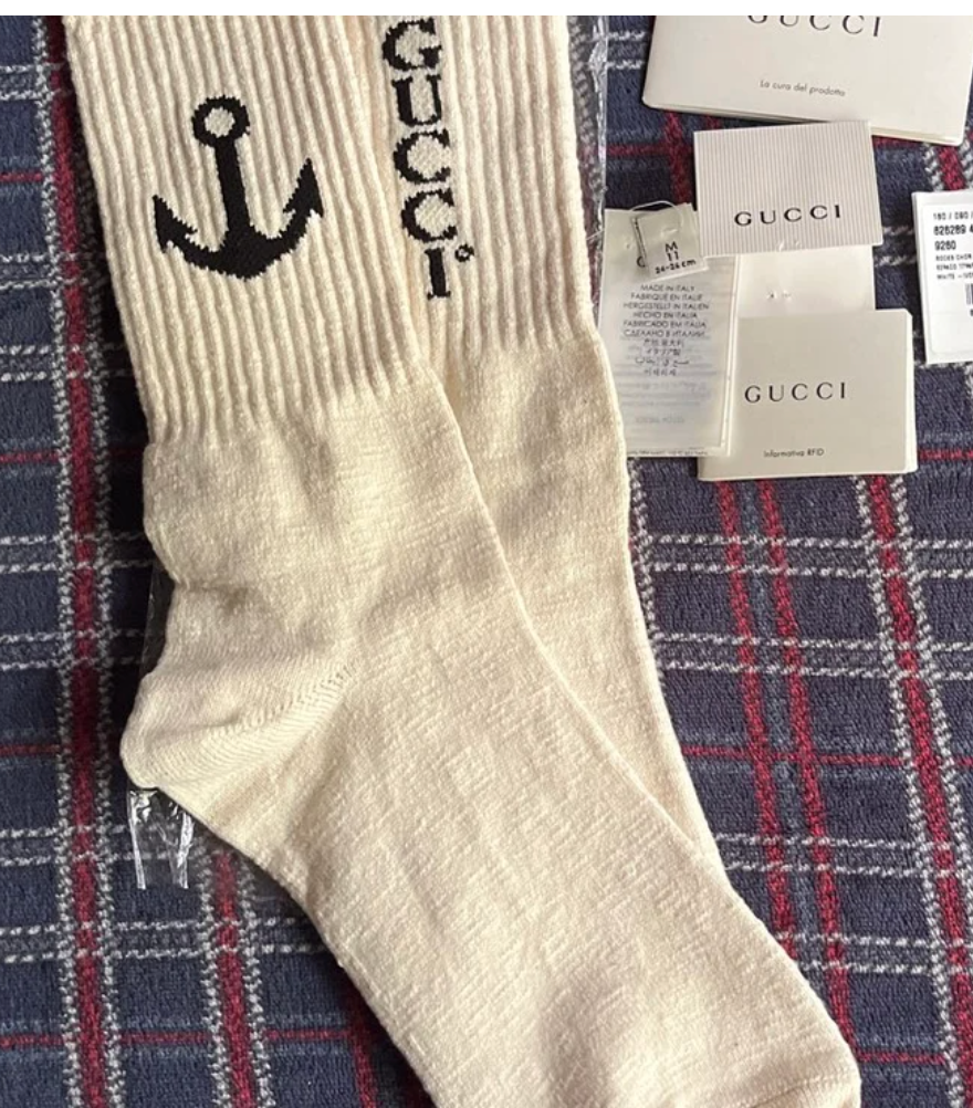 Gucci White Navy Logo Anchor Ribbed Stretch Cotton Sock