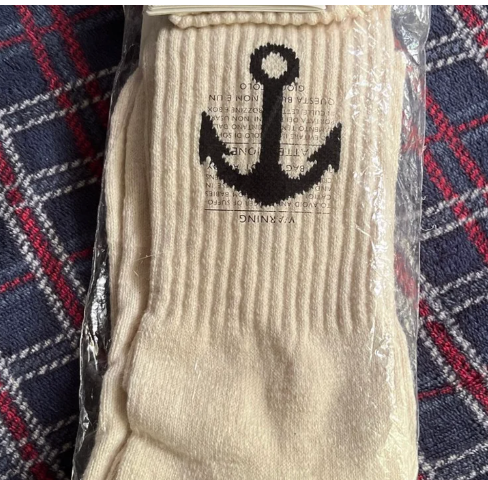 Gucci White Navy Logo Anchor Ribbed Stretch Cotton Sock