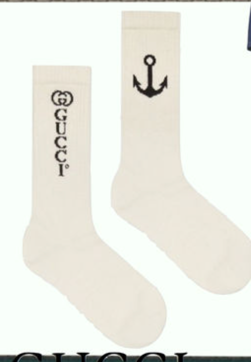 Gucci White Navy Logo Anchor Ribbed Stretch Cotton Sock