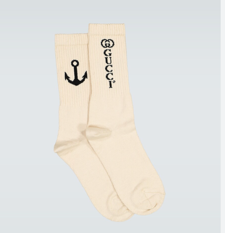 Gucci White Navy Logo Anchor Ribbed Stretch Cotton Sock
