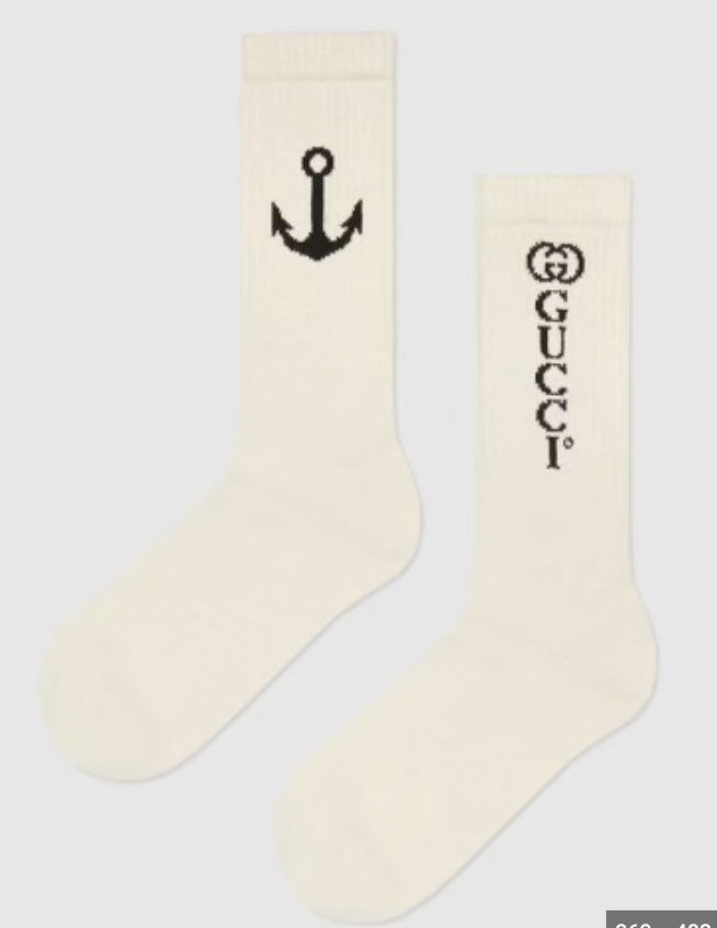 Gucci White Navy Logo Anchor Ribbed Stretch Cotton Sock