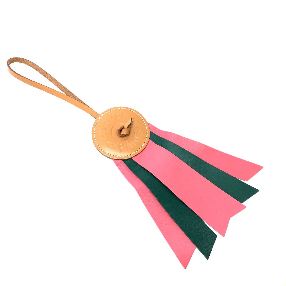 HERMES charm leather Pink / Green logo Paddock flat