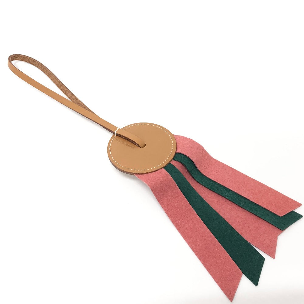 HERMES charm leather Pink / Green logo Paddock flat