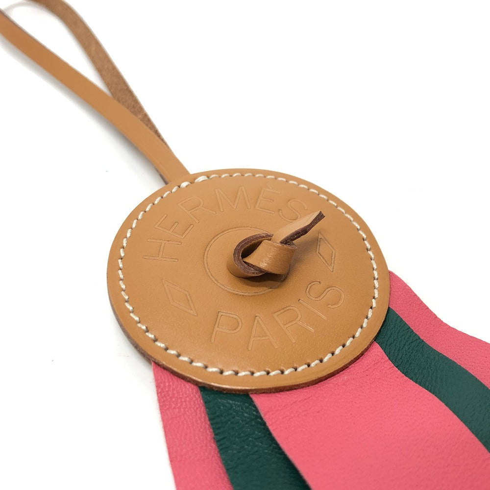 HERMES charm leather Pink / Green logo Paddock flat
