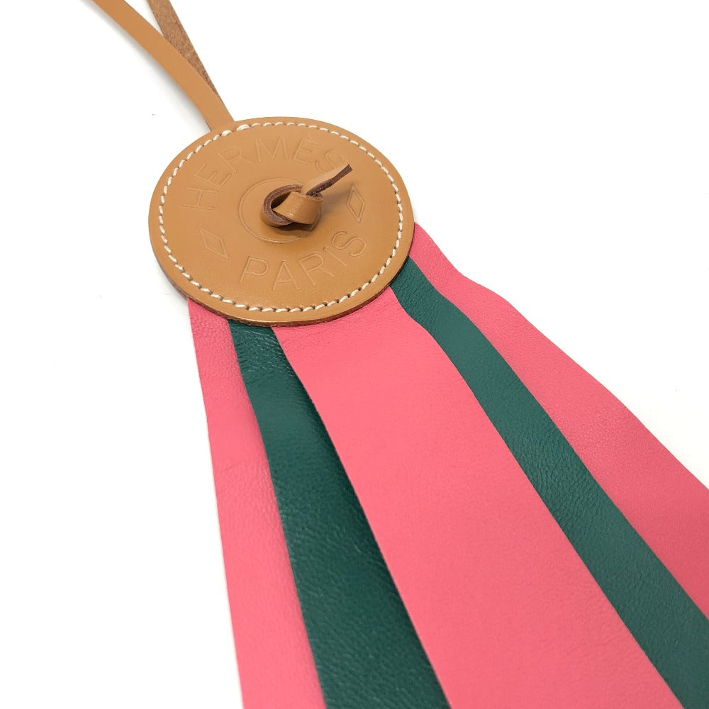 HERMES charm leather Pink / Green logo Paddock flat