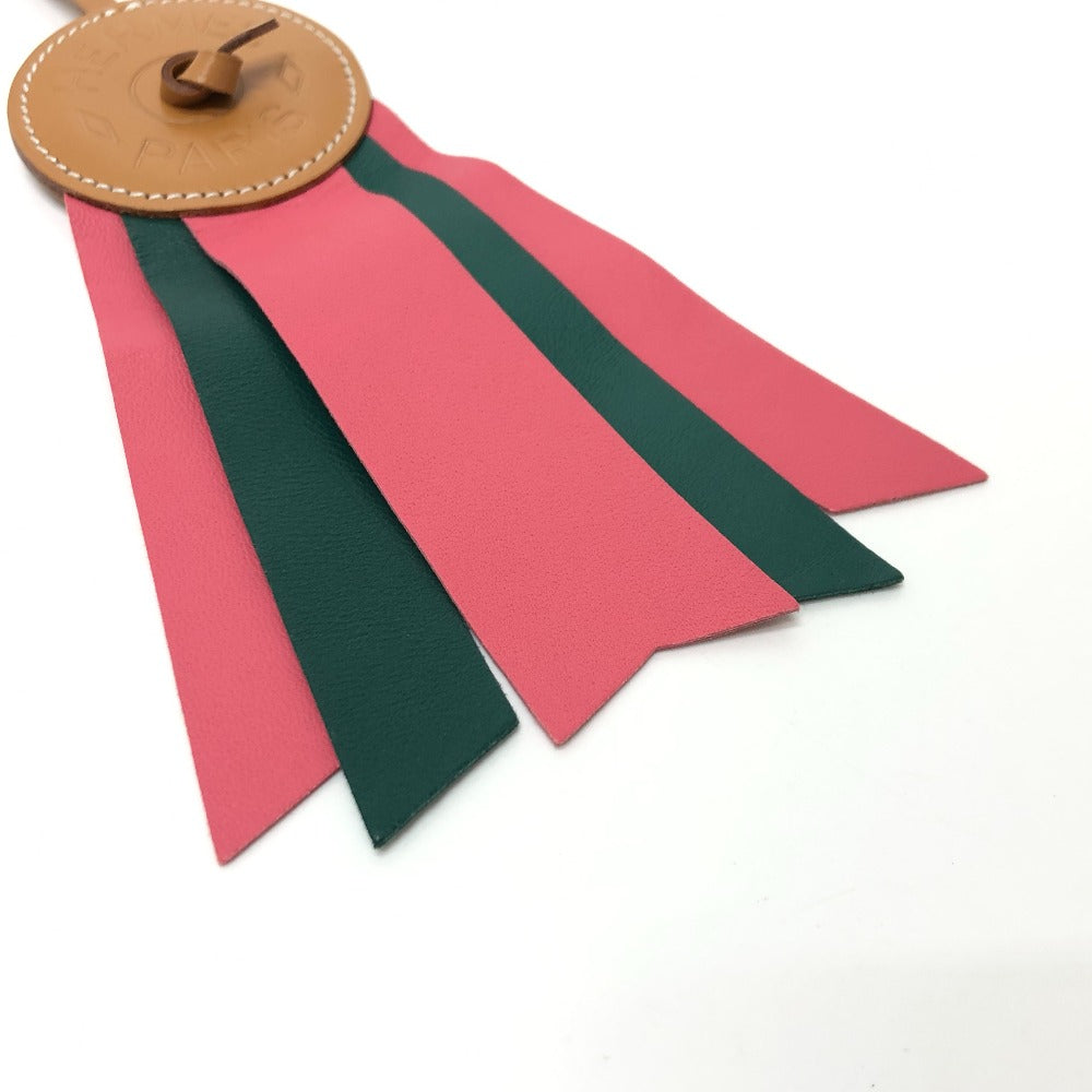 HERMES charm leather Pink / Green logo Paddock flat