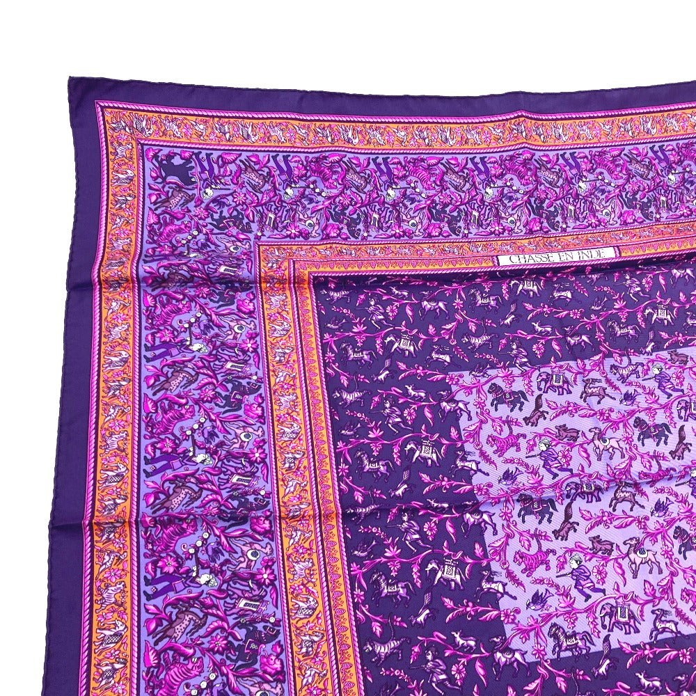 HERMES scarf silk purple CHASSE EN INDE