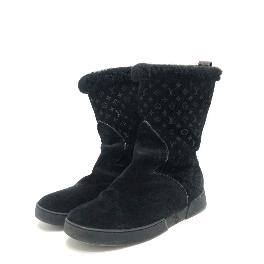 LOUIS VUITTON boots Mouton, Suede black LV logo flower embossed fur boa 36