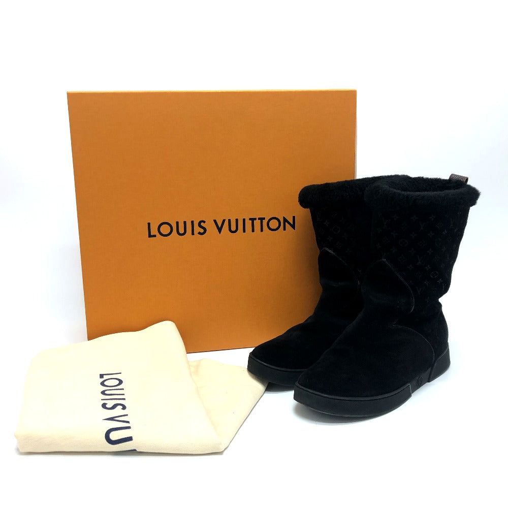 LOUIS VUITTON boots Mouton, Suede black LV logo flower embossed fur boa 36