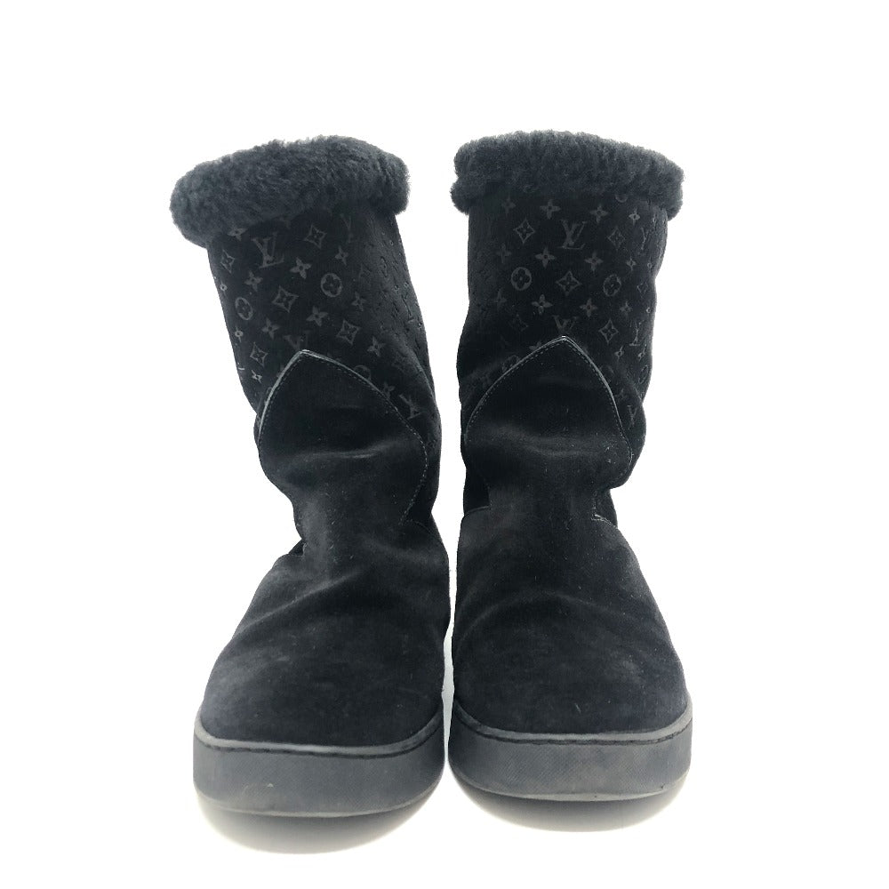 LOUIS VUITTON boots Mouton, Suede black LV logo flower embossed fur boa 36