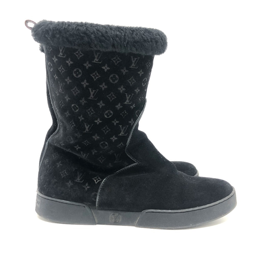 LOUIS VUITTON boots Mouton, Suede black LV logo flower embossed fur boa 36