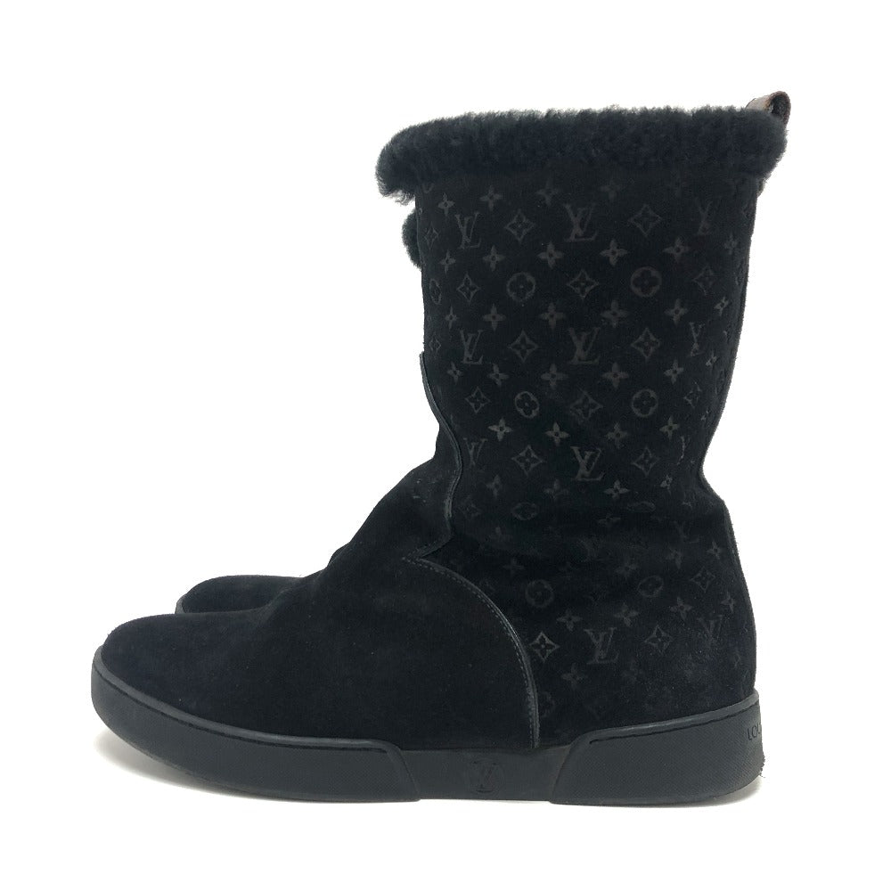 LOUIS VUITTON boots Mouton, Suede black LV logo flower embossed fur boa 36