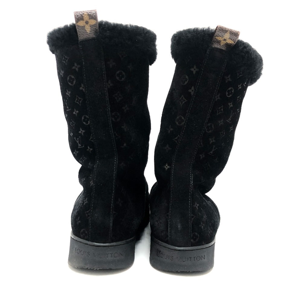 LOUIS VUITTON boots Mouton, Suede black LV logo flower embossed fur boa 36
