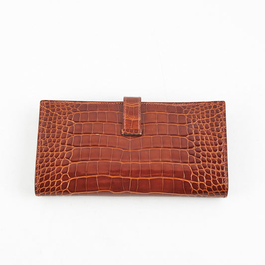 Hermes Bearn Croc Wallet Brown - Stamp K
