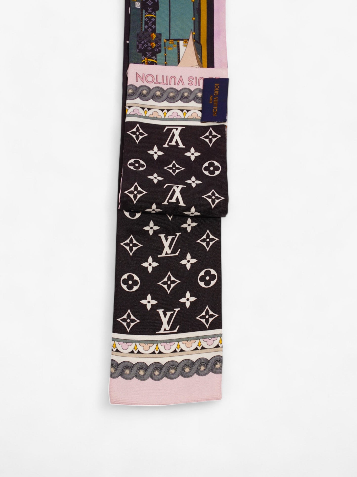 Louis Vuitton Bandeau Around The World Twilly Black / White / Pink Silk