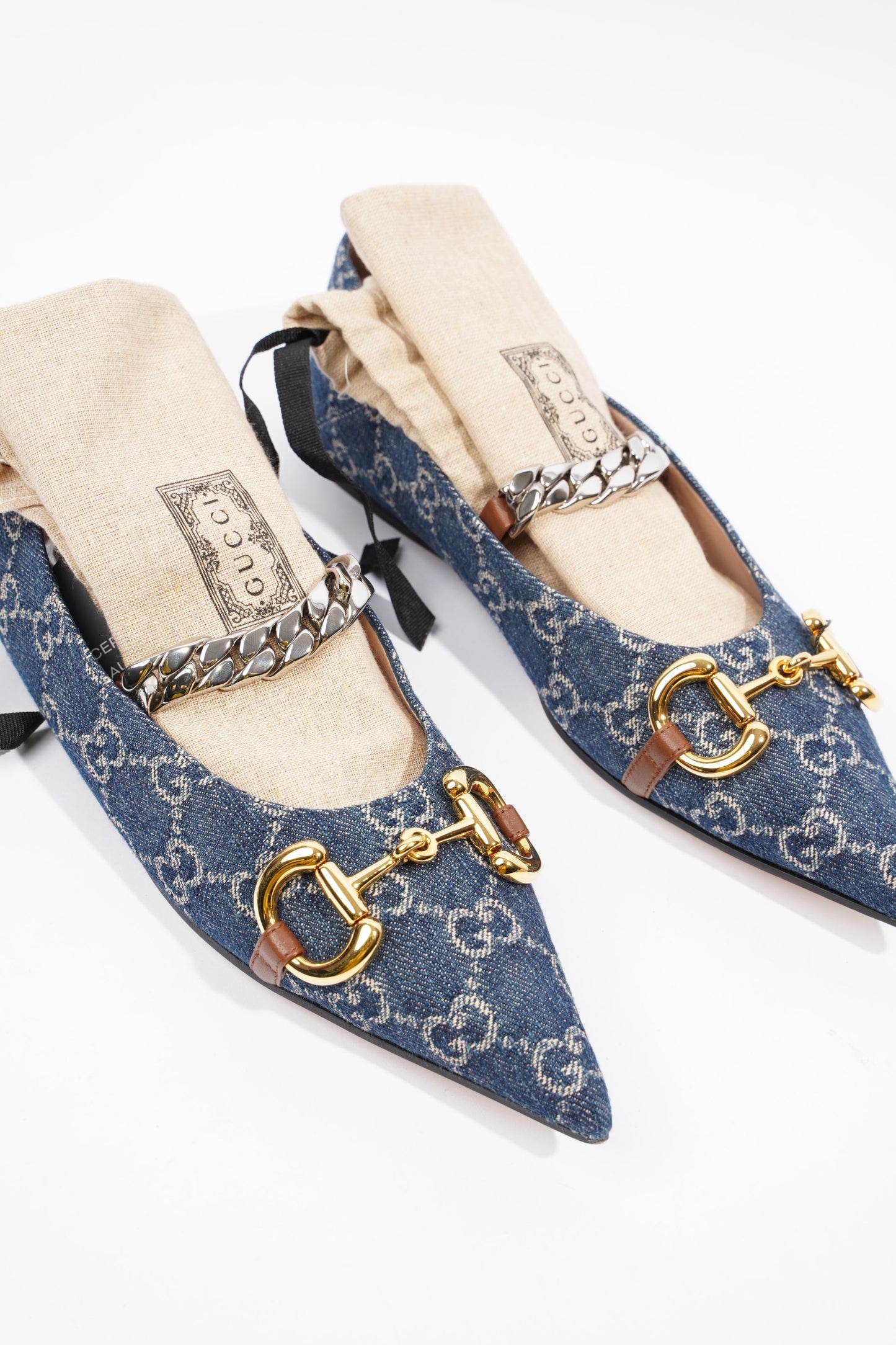 Gucci Ballerina GG Pump Blue / Gold Denim EU 37.5 UK 4.5