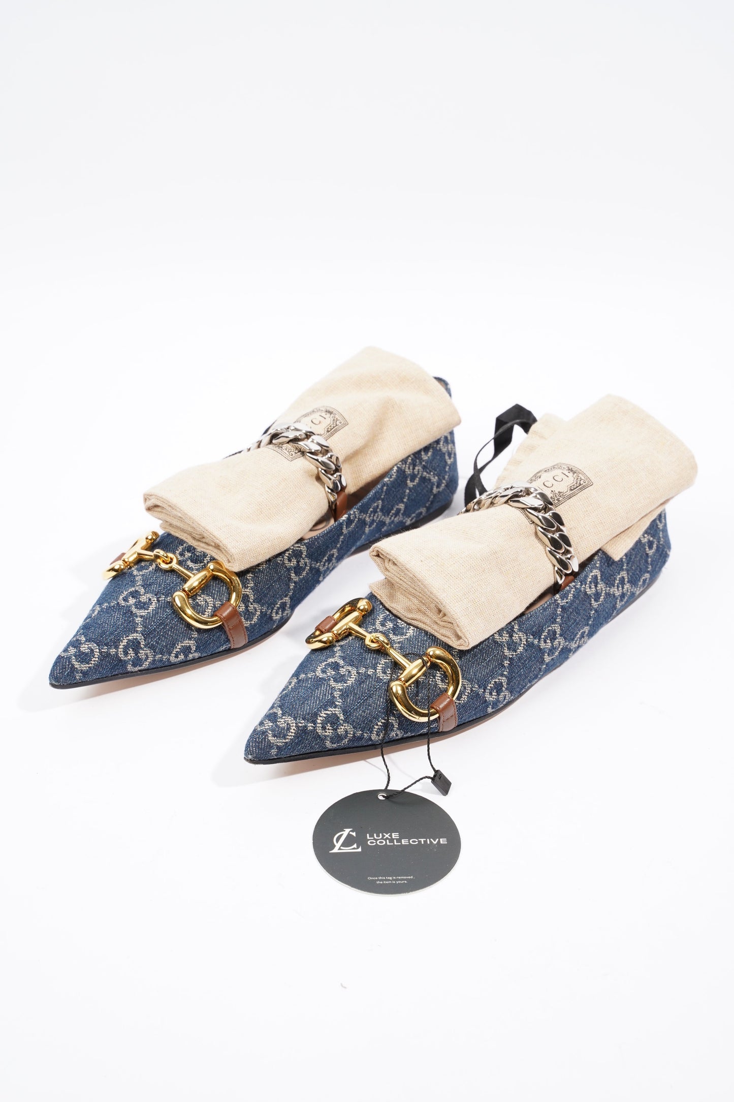 Gucci Ballerina GG Pump Blue / Gold Denim EU 37.5 UK 4.5