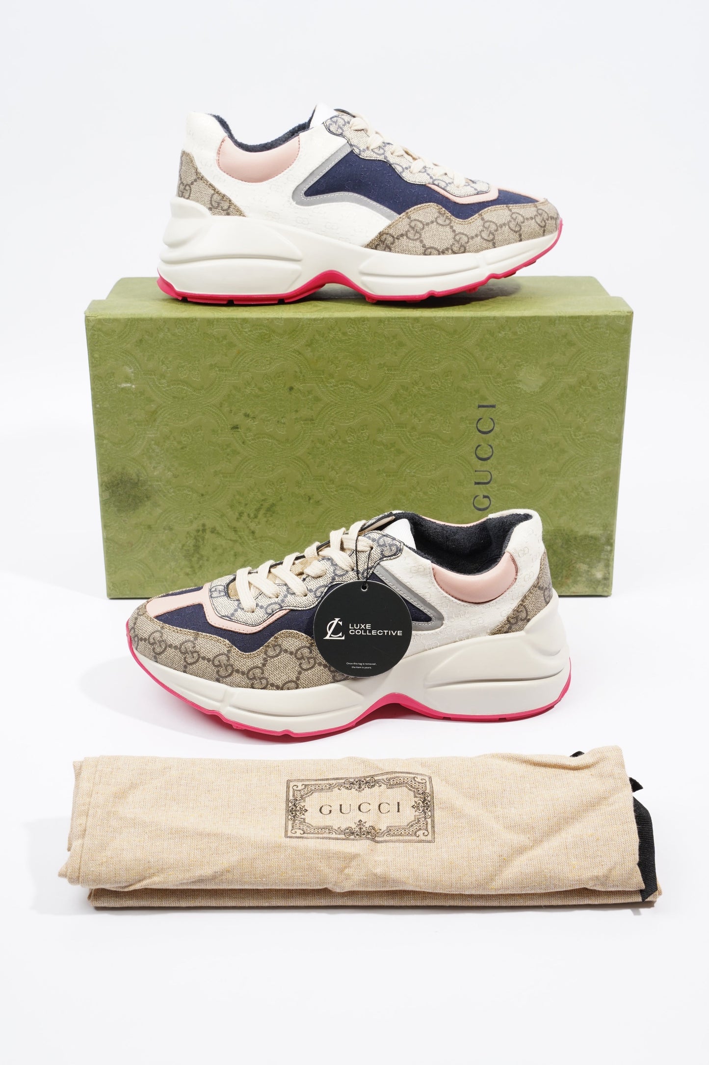 Gucci GG Rhyton Navy / Pink / Beige Logo Canvas EU 39.5 UK 6.5