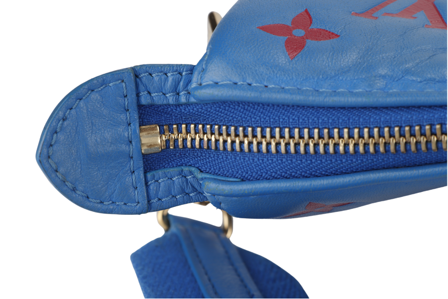LOUIS VUITTON COUSSIN CROSSBODY BAG PM BLUE & RED EMBOSSED LAMBSKIN GOLD HARDWARE MICROCHIP WITH DUST COVER AND BOX