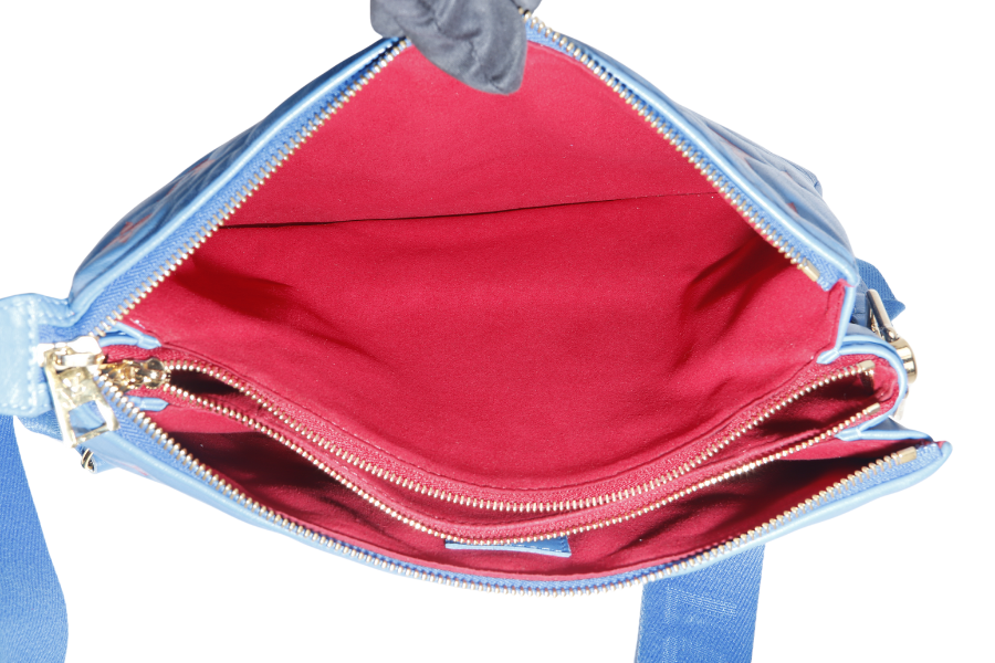 LOUIS VUITTON COUSSIN CROSSBODY BAG PM BLUE & RED EMBOSSED LAMBSKIN GOLD HARDWARE MICROCHIP WITH DUST COVER AND BOX