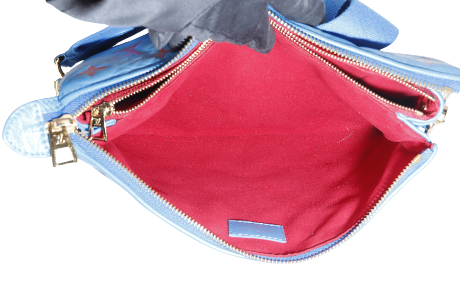 LOUIS VUITTON COUSSIN CROSSBODY BAG PM BLUE & RED EMBOSSED LAMBSKIN GOLD HARDWARE MICROCHIP WITH DUST COVER AND BOX