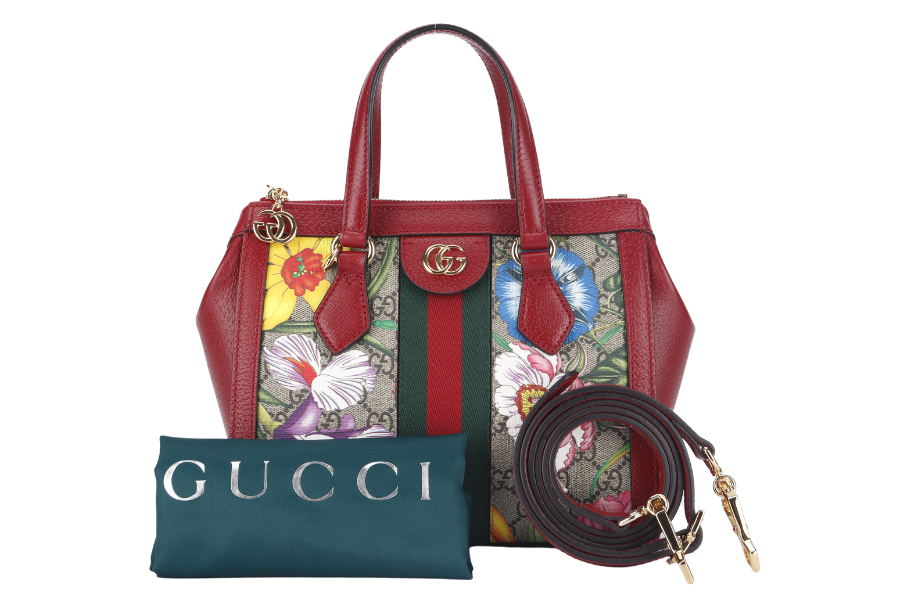 GUCCI GG FLORA WEB 2WAY BAG (547551 525040) SMALL RED LEATHER GOLD HARDWARE WITH STRAP AND DUST COVER