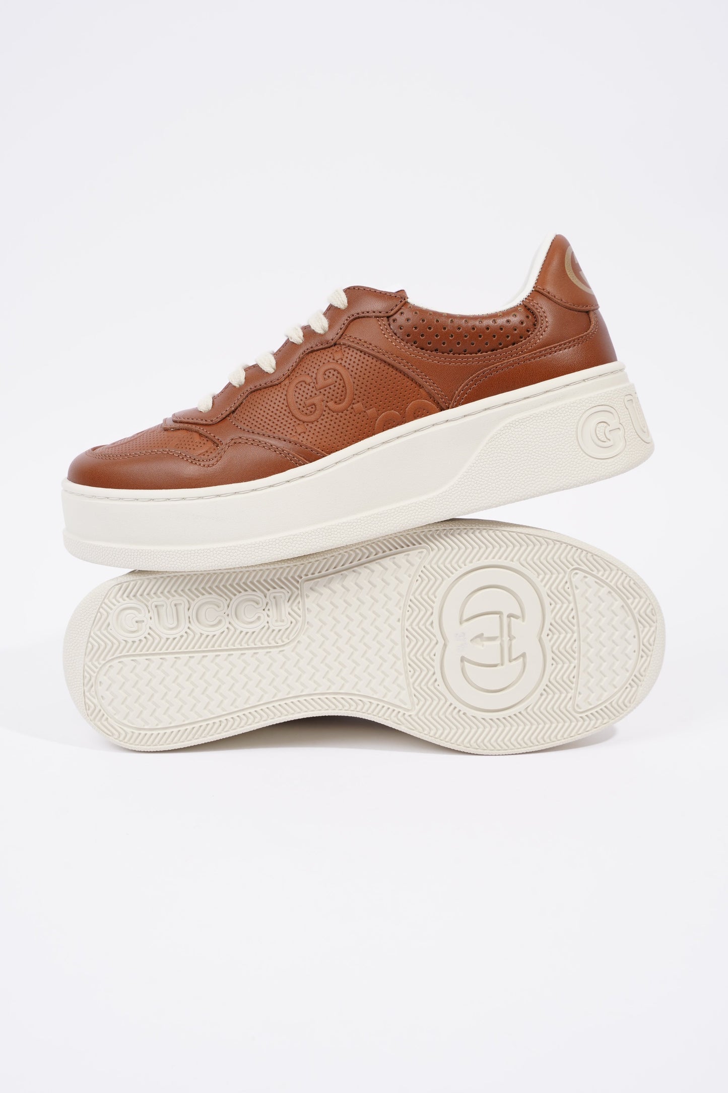 Gucci GG Logo Embossed Brown / White Leather EU 37.5 UK 4.5