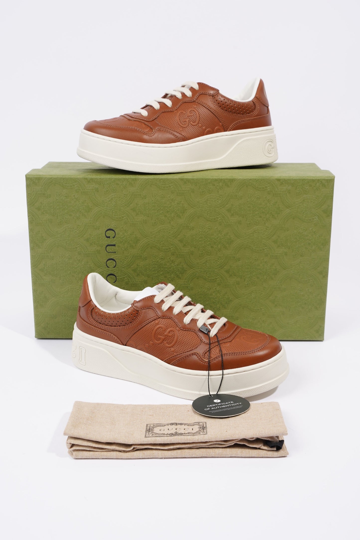 Gucci GG Logo Embossed Brown / White Leather EU 37.5 UK 4.5