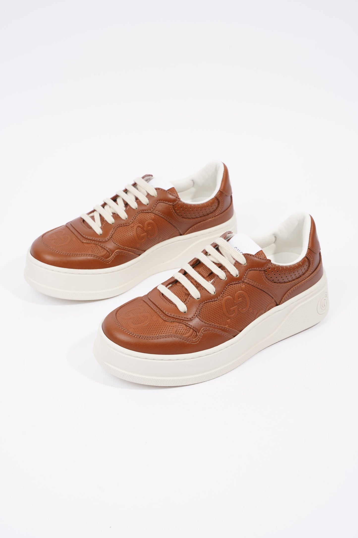 Gucci GG Logo Embossed Brown / White Leather EU 37.5 UK 4.5