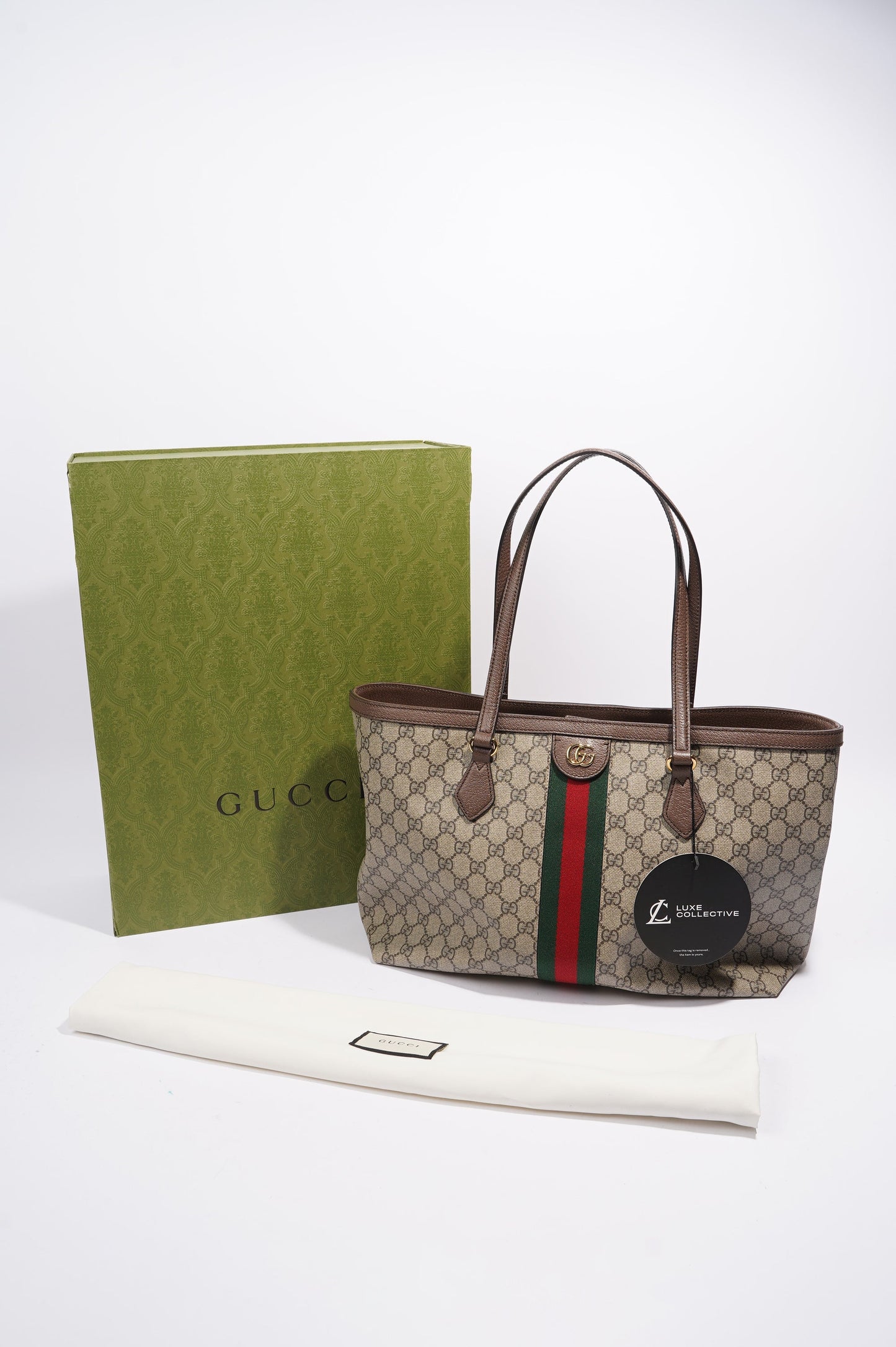 Gucci Ophidia GG Tote Bag Beige Monogram / Red / Green Medium