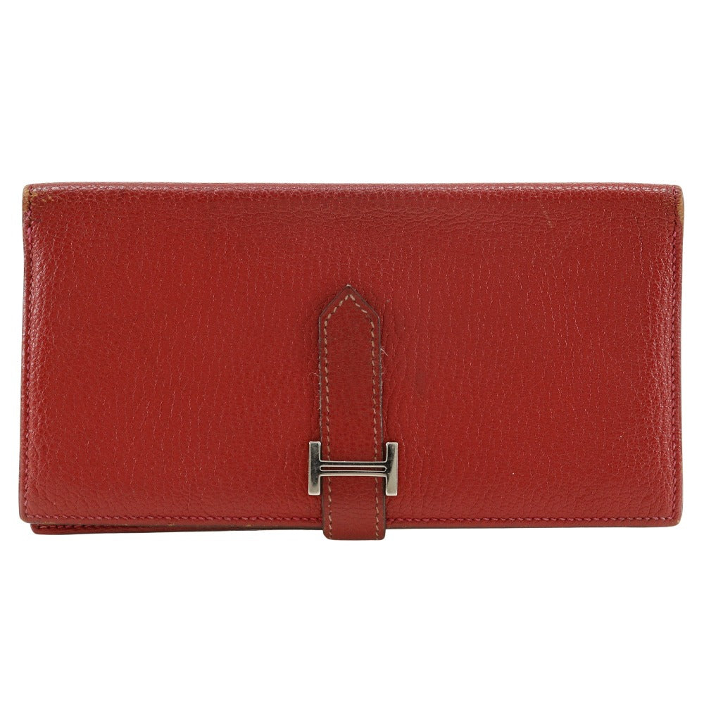 HERMES Bifold Wallet leather Red Beansufla Women Used