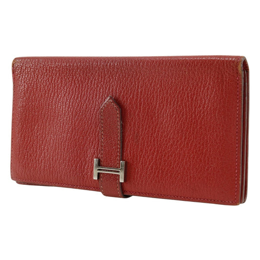 HERMES Bifold Wallet leather Red Beansufla Women Used