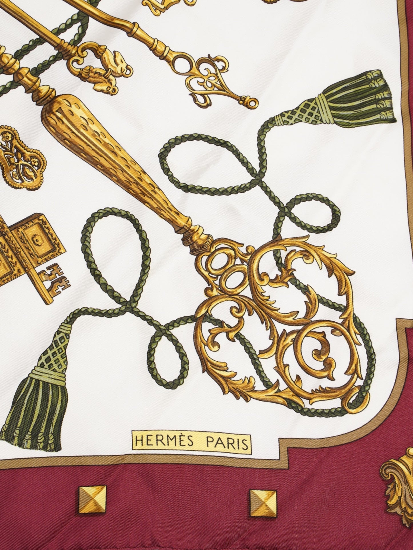Hermes Hermès Carré 90 LES CLES Keys Scarf Burgundy / Cream / Gold Silk